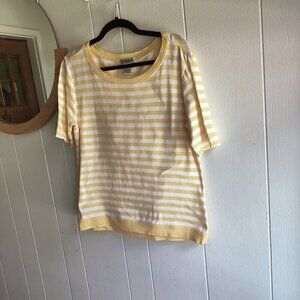 Chico's Yellow & White Striped Scoop Neck Tee.  Banded bottom hem. Sz 2 or L